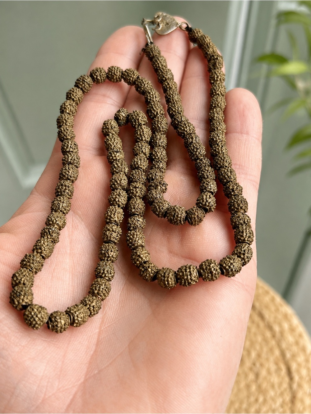 Vintage Yoruba Brass Bead Necklace 22” Granulated Textured Heart Clasp